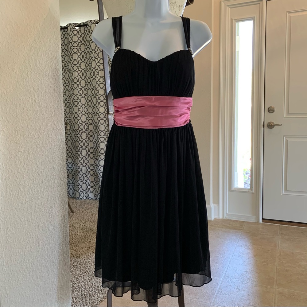 Black Strapped Dress with Pink Ribbon